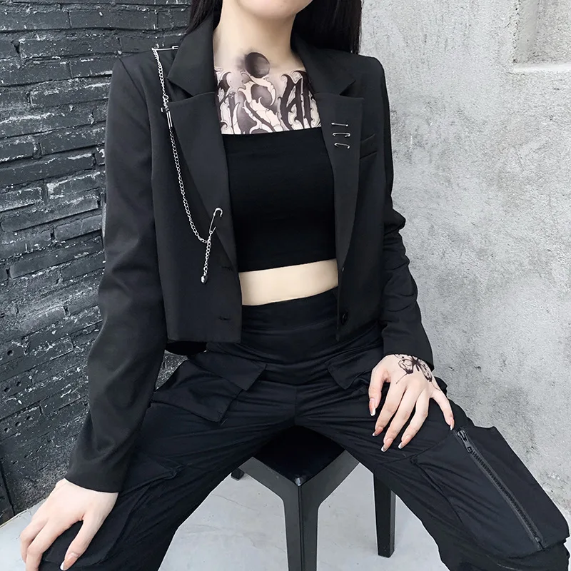 Gothic Black Women Punk Blazer Harajuku Streetwear Metal Chain Patchwork Suit Office Ladies Commute Short Coat Chic Blazer Suits