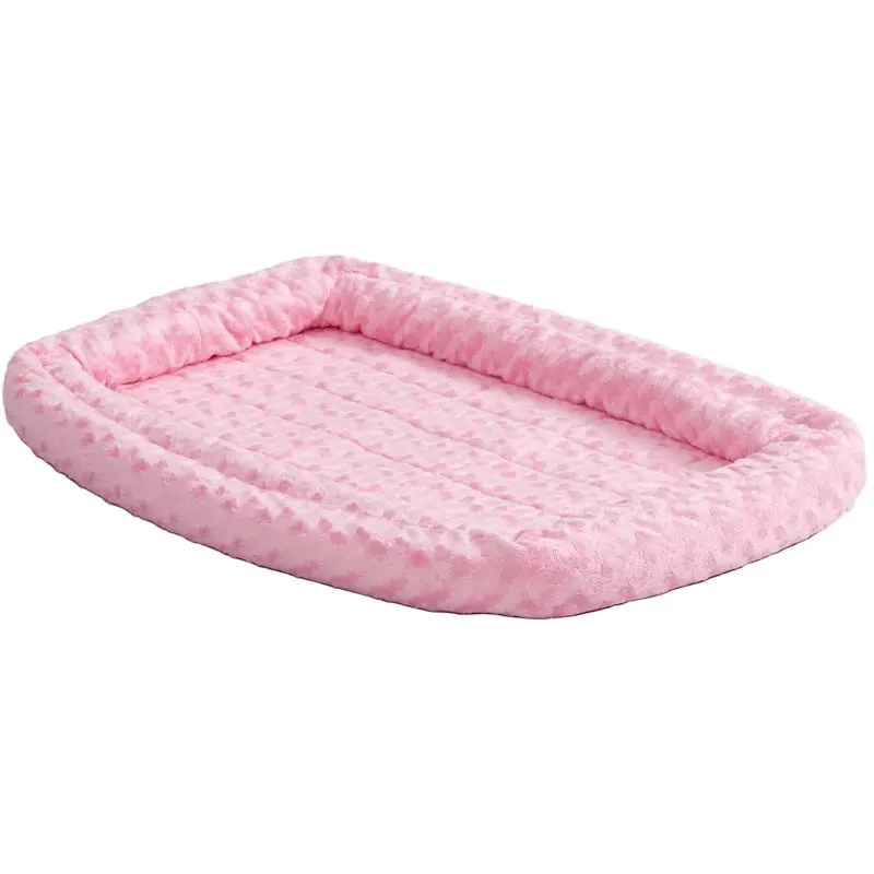 

【Uniquely Quiet&Comfy】Double Bolster Pink Dog Bed & Crate Mat, 24" - Perfect for Naptime & Restful Sleep
