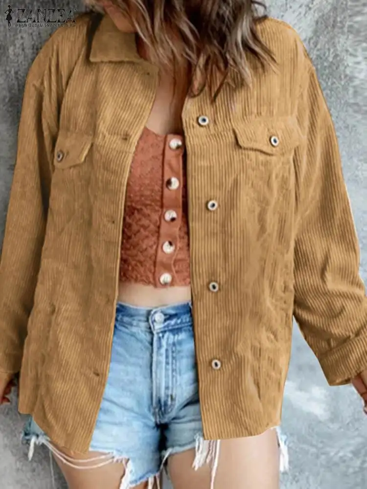 

Винтажная женская рубашка ZANZEA с длинным рукавом, осенняя однотонная Вельветовая блузка, свободные повседневные топы, модные блузки с воротником с лацканами и пуговицами