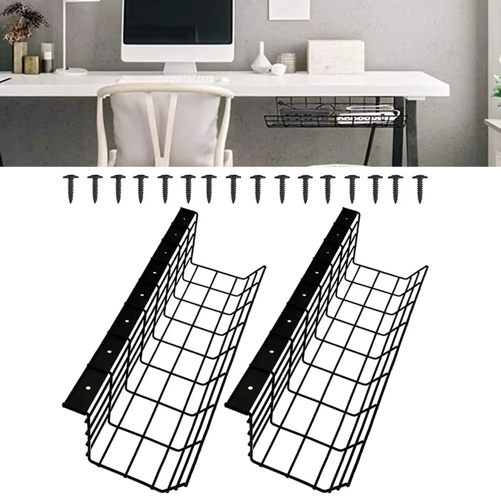 

2pcs Cable Management Under Desk Cord Holder Desk Wire Management Rack With Screws Desk Cord Organizer Hider Wire Tray Basket