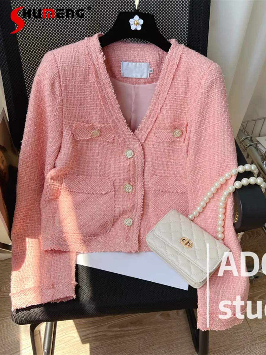 

Women 2022 Autumn New Fashion Elegant V-neck Chic Tweed Jacket Ladies Simple Solid Color Office Lady High-Grade Outerwear&coats