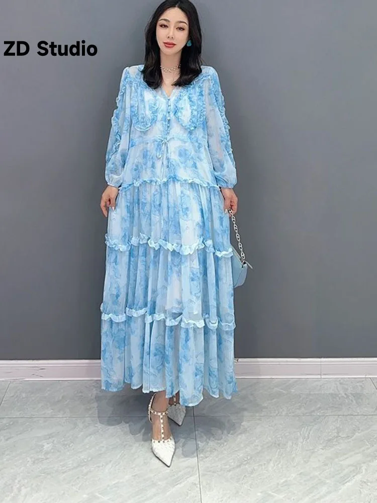 

[ZD Studio] 2023 Summer New Korean Edition Fragmented Chiffon Dress Cake Skirt Shows Thin Covers Meat Large Women's