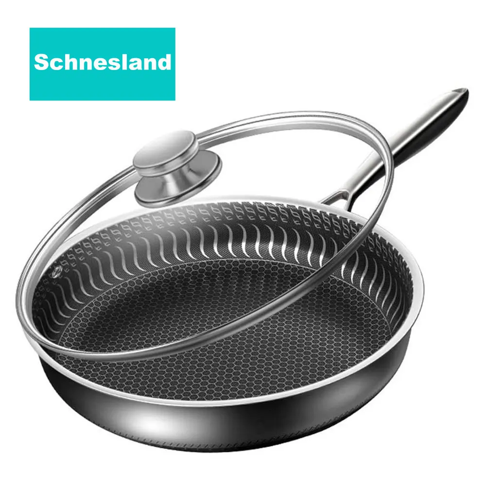 

Schnesland 26cm 316 Stainless Steel Frying Pans with Glass Lid Non-stick Uncoated Wok Pan Double-sided Honeycomb Skillet