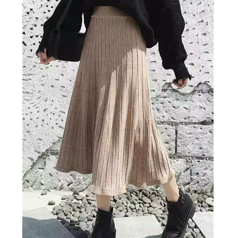 

High Waist Long Knit Warmth Skirt Midi Length Clause Solid Color Skirt Women Winter Autumn Korean Fashion Shining Pleated Skirts