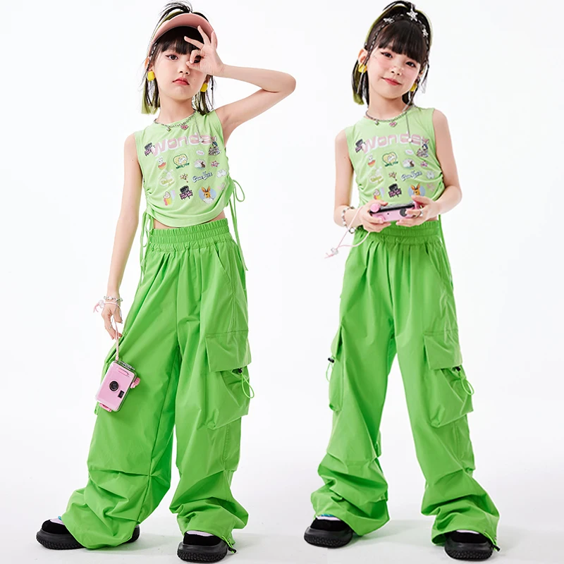 

Hip Hop Girls Colorful Cargo Pants Crop Top Child Streetwear Cheerleader Solid Joggers Kids Jazz Street Dance Stage Clothes Sets