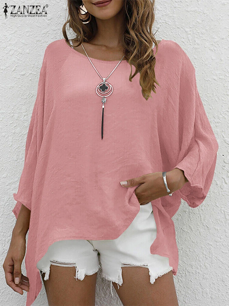 

ZANZEA Fashion 3/4 Sleeve O Neck Shirt Women Leisure Loose Blouse 2023 Spring Holiday Asymmetrical Tops Tunic Casual Solid Blusa
