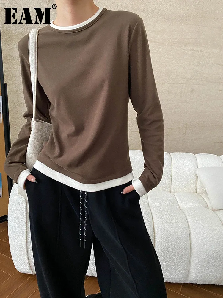 EAM женская зеленая повседневная футболка неправильной формы с цветными блоками