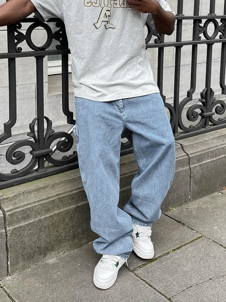 Hot Sale Quality Baggy Denim Cargo Pants Men Boyfriend Pantalon Homme Y2k Fashion Blue Loose Fitted Side Pockets Patchwork Jeans