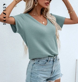 BoozRey Waffle Knit V Neck Solid Tee Woman T-shirt Summer Casual Soft Bottoming Tees Female Loose Short Tops 2022 Women Clothing