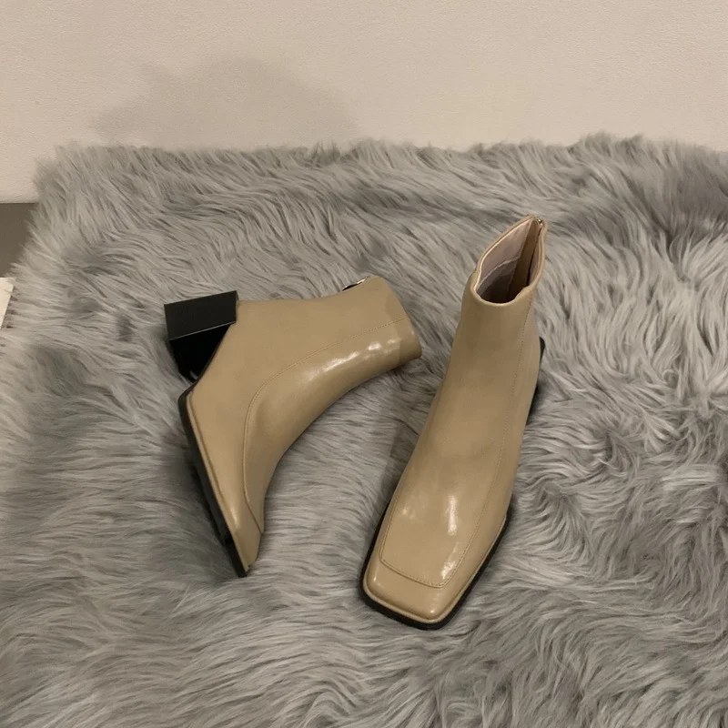 

Genuine Cow Leather Boots Thick Heel Square Toe Single Boots British Style Elastic Boots Women Shoes for Women Platform Shoes