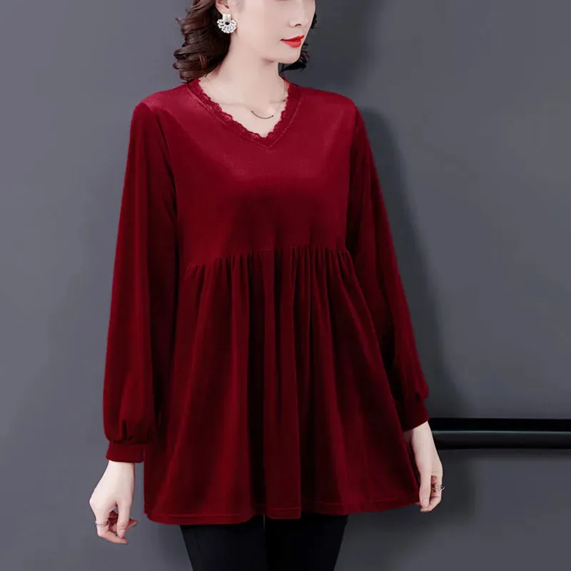 Футболка женская бархатная с V-образным вырезом и кружевом, большого размера