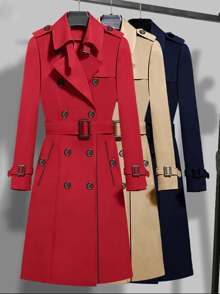 

FTLZZ New Autumn Winter Women Vintage Turn-down Collar Double Breasted Long Trench Casual Ladies Slim Trench with Belt