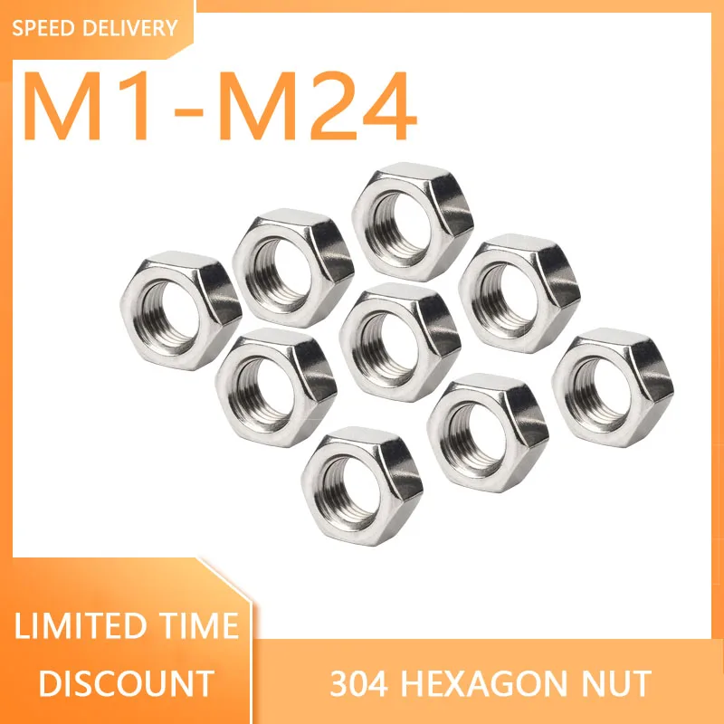 

50/30/15/10/2 PCS 304 Stainless Steel Hexagon Nut M1M1.4 M1.6 M2 M2.5M3M3.5M4M4M5M6M8M10M12 M14 M16 M18 M20 M24 Hexagon Bolt Nut