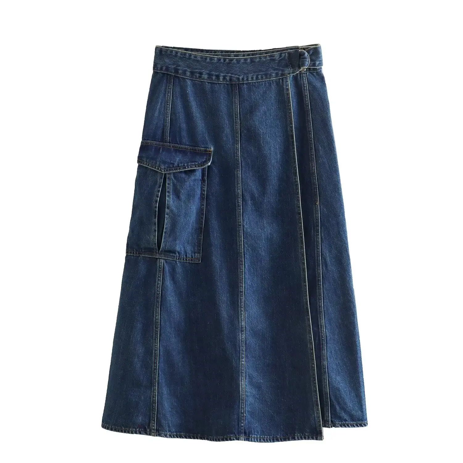 

PB&ZA Women 2023 New Chic Fashion Pocket Decoration Workwear Jeans Midi Skirt Vintage High Elastic Waist With Female Skirts