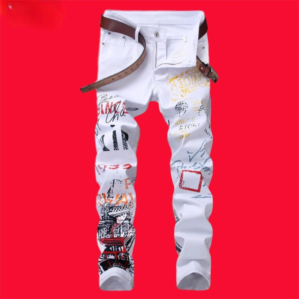 White Graffiti Jeans Men's Cartoon Print Night Scene Cotton High Street Zipper Trousers Slim 2020 Trend Color Art Words