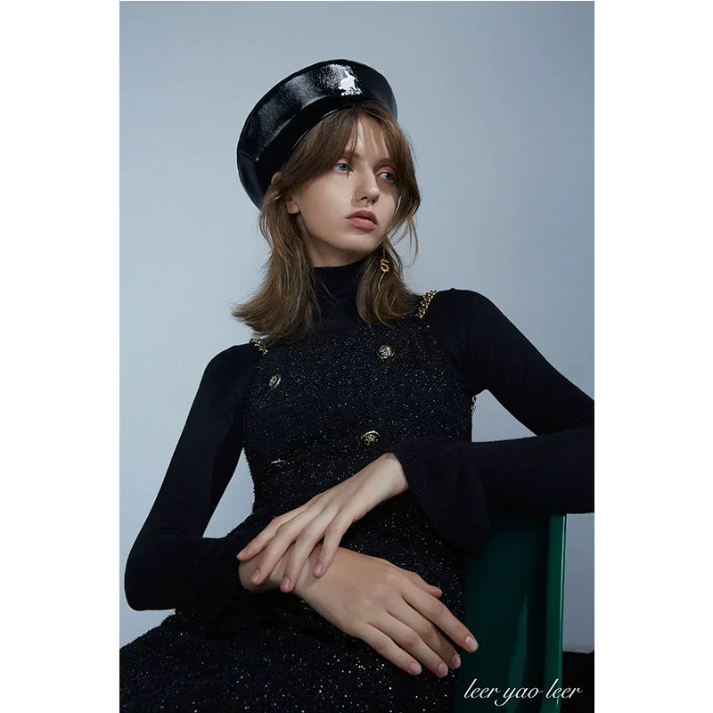 

Designer Model Women's Autumn and Winter Bell Sleeve Black with High Collar Knitwear Leak-Picking Sweater for Women