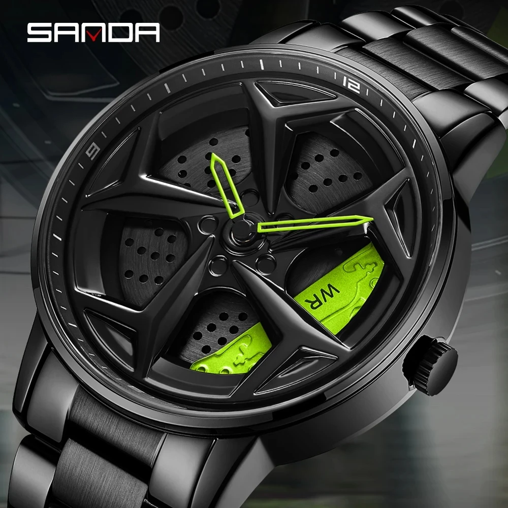 

SANDA 1087 New Wheel Rim Hub Watch Stainless Steel Sport Car Quartz Watches Waterproof Creative Luminous Clock Relogio Masculio