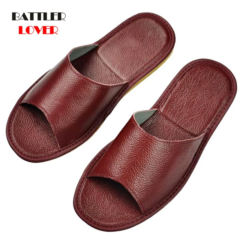 

Summer Genuine Cow Leather Shoes Open Toe Sandals Couple Slippers For Men 2022 Home Indoor Slippers Soft Bathroom Hotel Slides