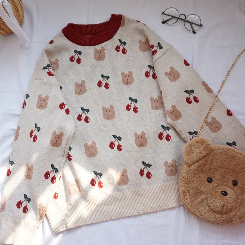

Autumn 2022 New Japanese Women's Soft Girls' Childlike Fun Cherry Bear Loose Student Bottomed Winter Knitting Sweater