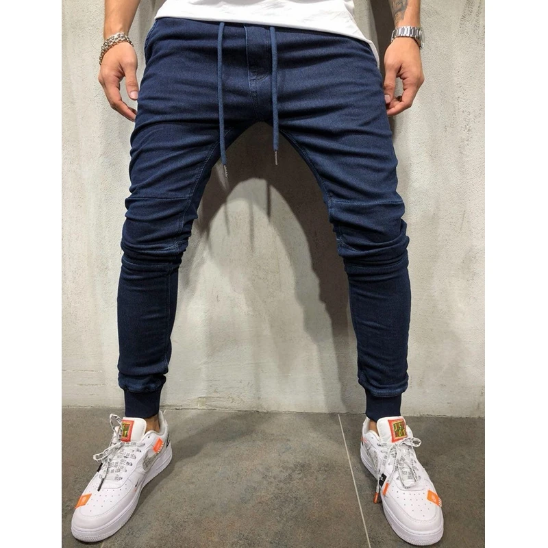 Men Jeans Streetwear Vintage Jeans Spring Slim Fit Denim Pants Trousers Men Lace-up Mid-Rise Pencil Pants Trousers Sports Jeans