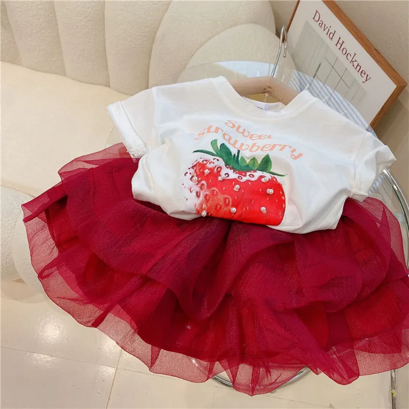 

Droshipping 2022 Summer Girl Sets White Tshirt+Tulle Skirt 2Pcs Kids Clothing Children Princess Clothes Suit اللباس مجموعات