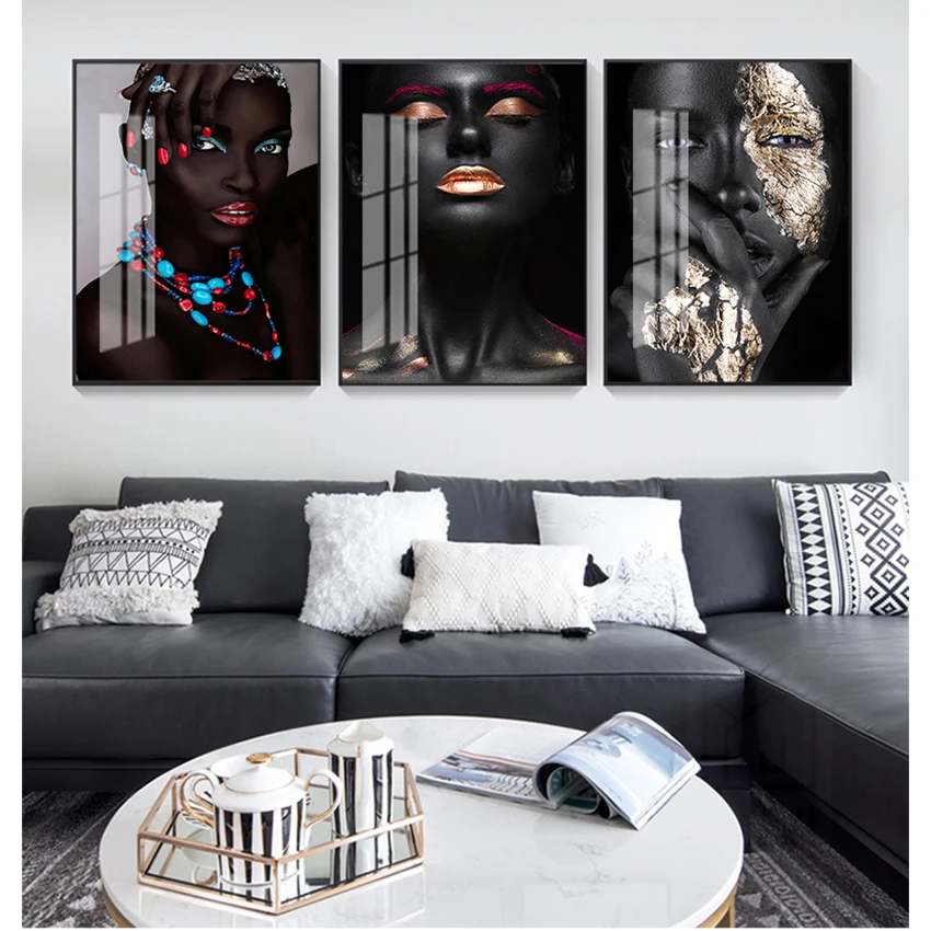 

Black and Gold African Woman Indian Oil Painting on Canvas Posters and Prints Scandinavian Wall Art Picture for Living Room