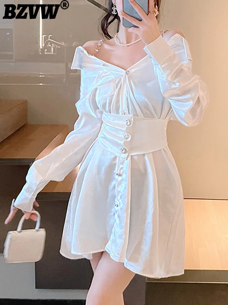 

BZVW Temperament Off Shoulder Sling Dress Women's 2023 Trend New Spring And Autumn Long Sleeve Shirt Dresses Female Designer