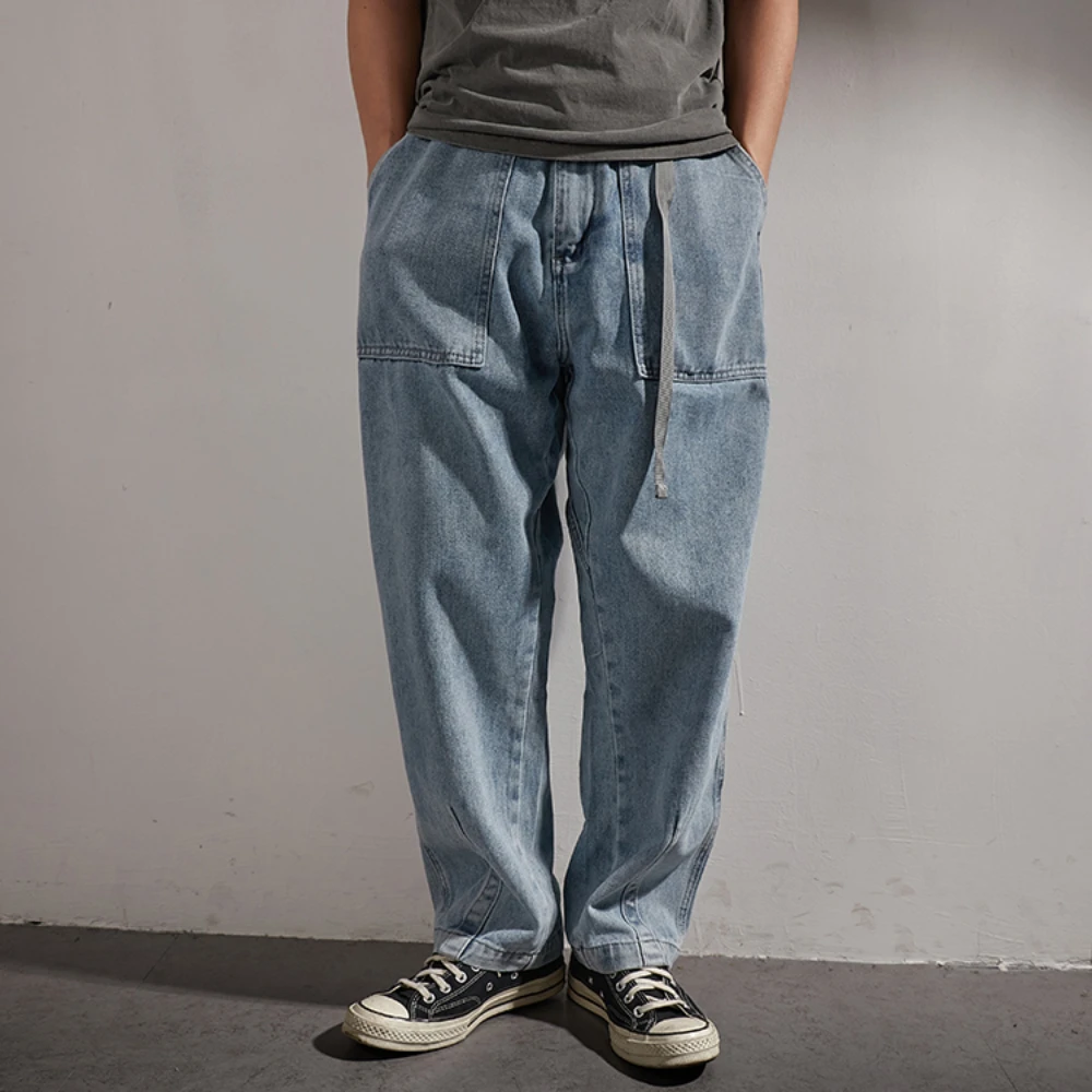 American Heavy washed Vintage light blue jeans men's Japanese fashion brand loose straight wide leg pants fashion