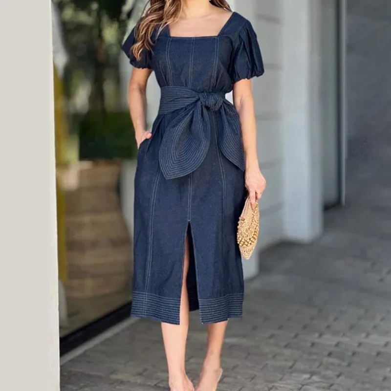 Spring Square Collar Solid Denim Dress Women Sexy Lace-up Bow Belated Split Office Dress Summer Short Sleeve A-Line Party Dress