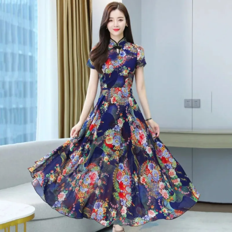 Новое летнее платье Cheongsam на пуговицах свободное средней длины с принтом и