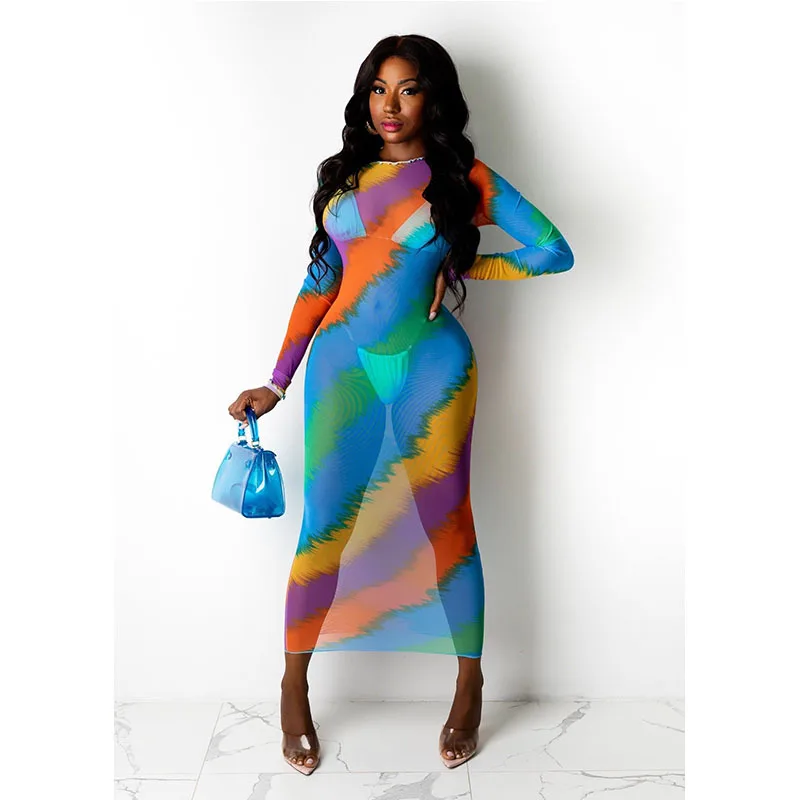 

Elegant Long Sleeve Bodycon Night Club Party Dresses for Women Birthday Sexy Colorful Striped Print Sheer Mesh Long Vestidos