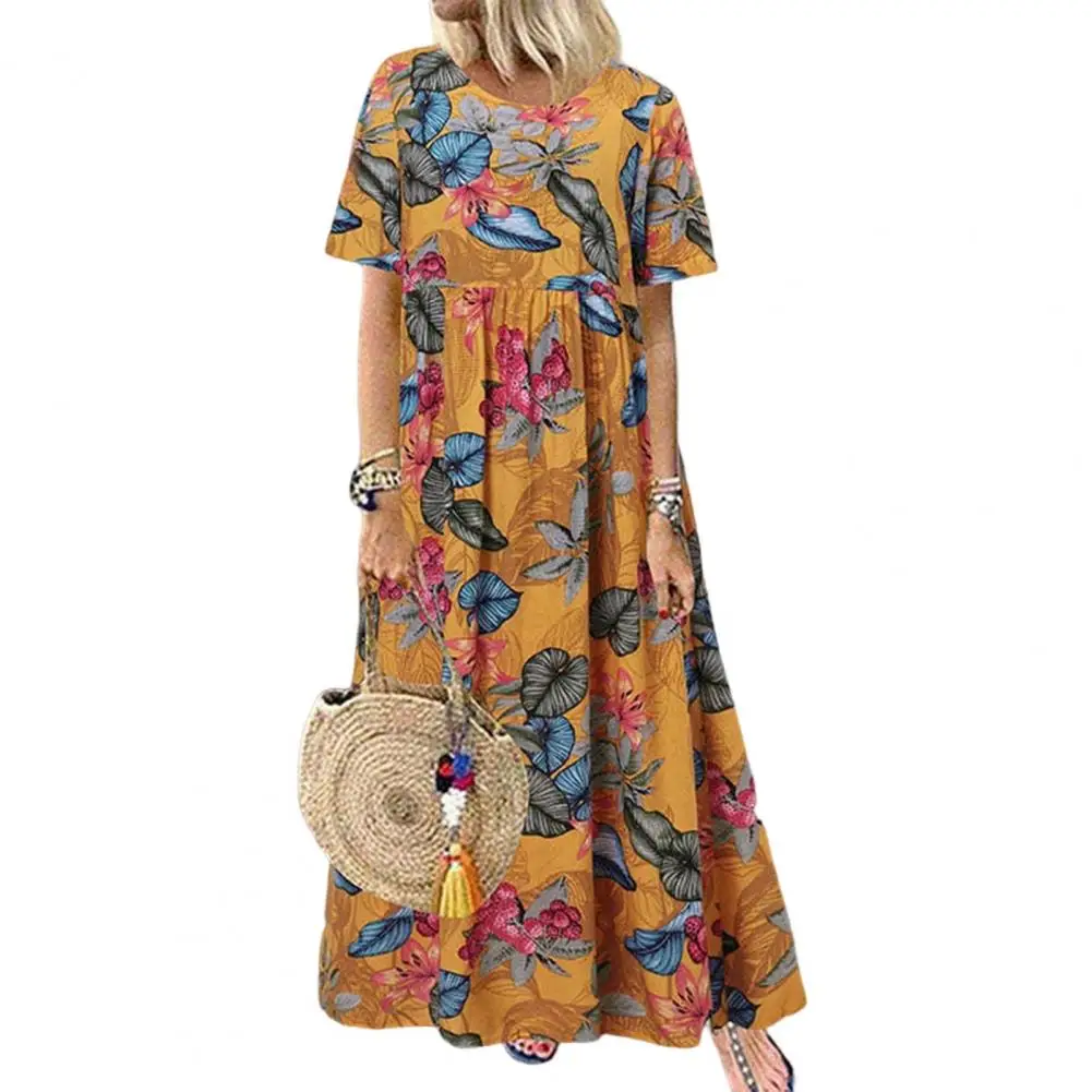 

Bohemian Holiday Sundress Summer Dress Women 2022 Vintage O-Neck Short Sleeve Large Hem Flower Leaves Print Maxi Dress for Women