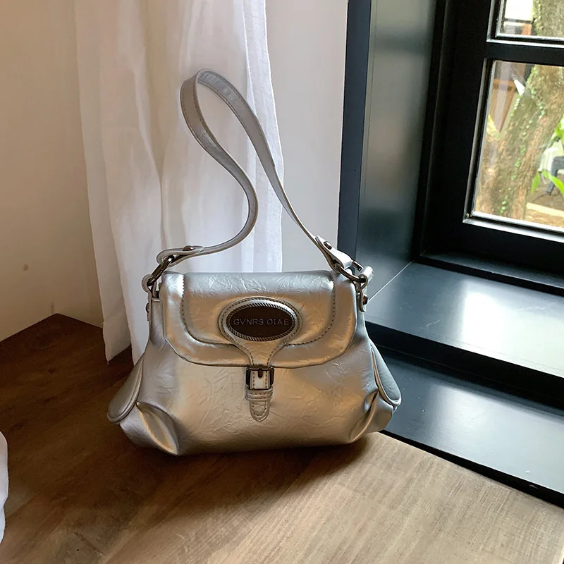 Luxury PU Leather Bucket Bag Retro Women's Handbag Casual One Shoulder Crossbody Bag Texture Pop Pleated Shoulder Bag