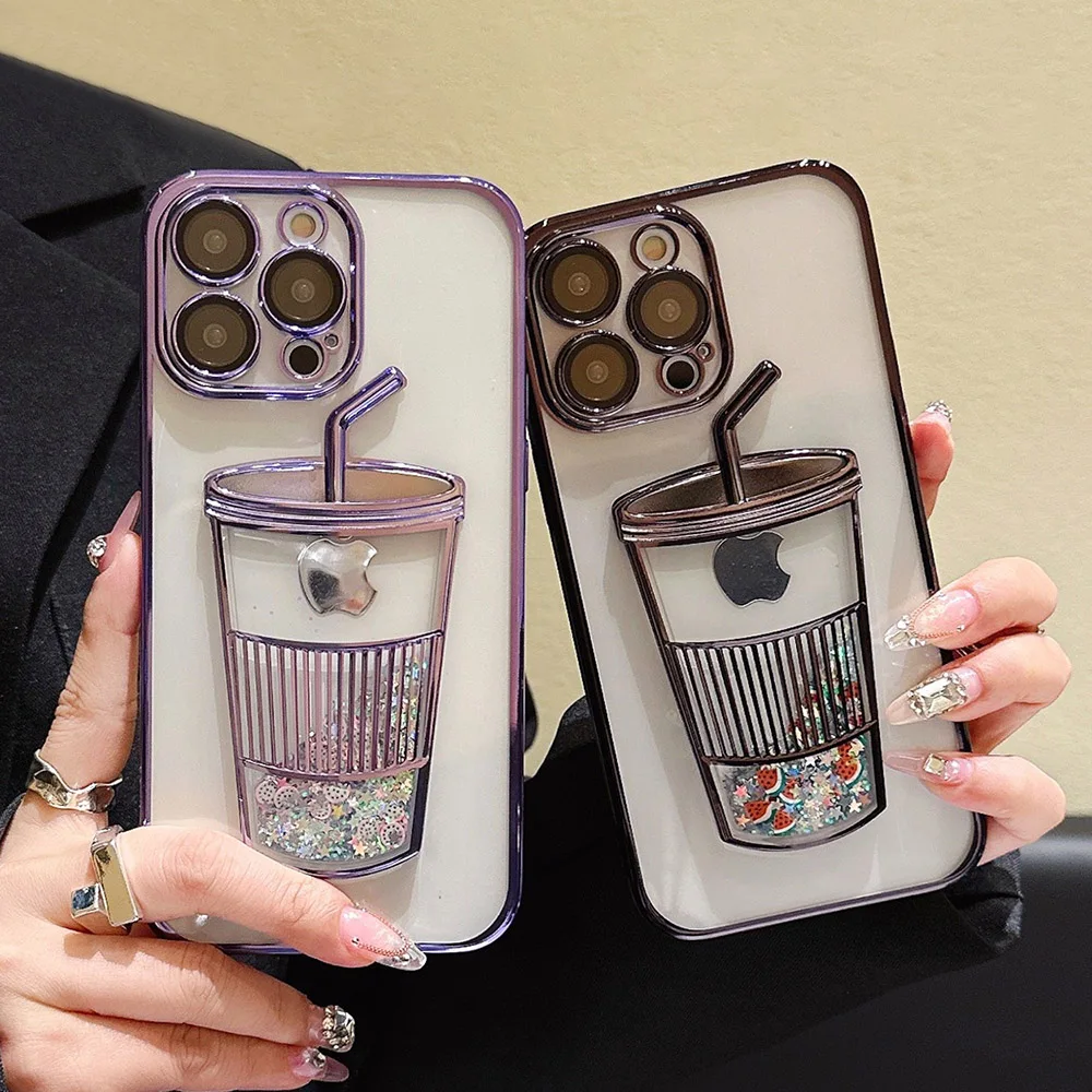 

Bling Glitter Star Fruit Liquid Quicksand Case For iPhone 14 13 12 11 Pro Max Shiny Sequins Drink Cup Transparent Plating Covers