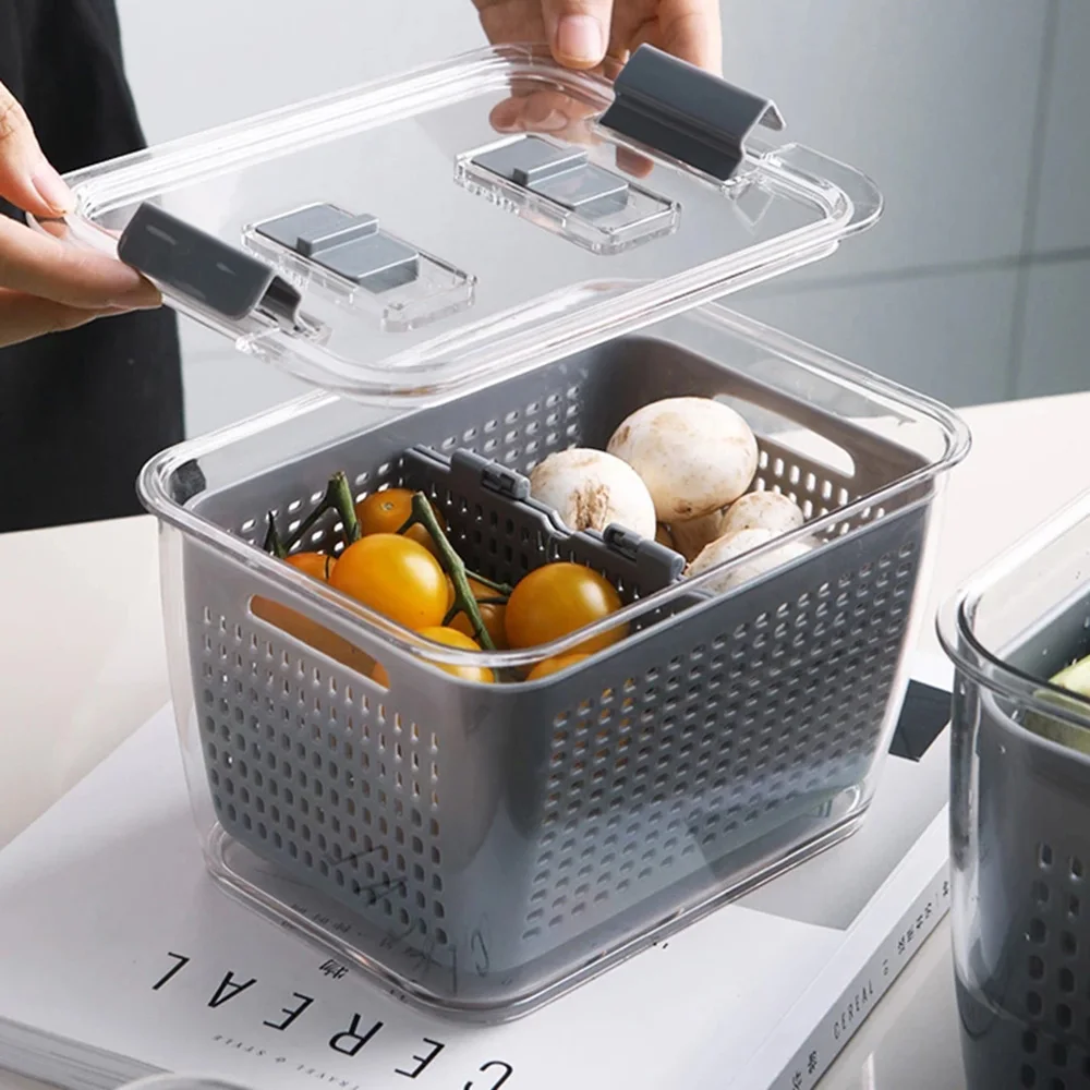 

Kitchen Storage Box Vegetables Fruit Fresh-Keeping Box 2 Layer Mesh Sieve Refrigerator Organizer Box Drain Basket With Clapboard