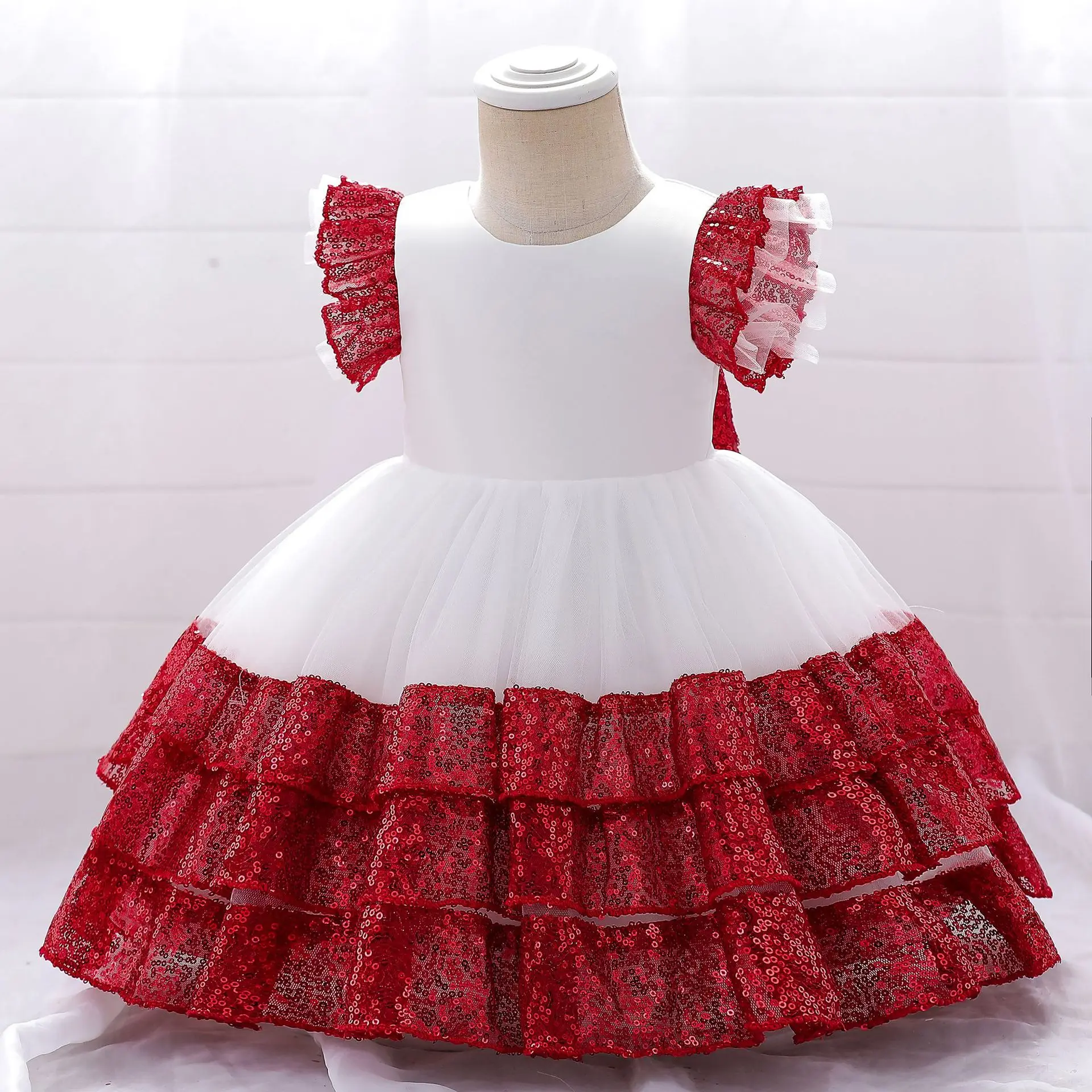 

Princess Cap Sleeves Red Sequins Flower Dress Elegant Kids Girl Wedding Party Dresses Halloween Dress Girls Clothes