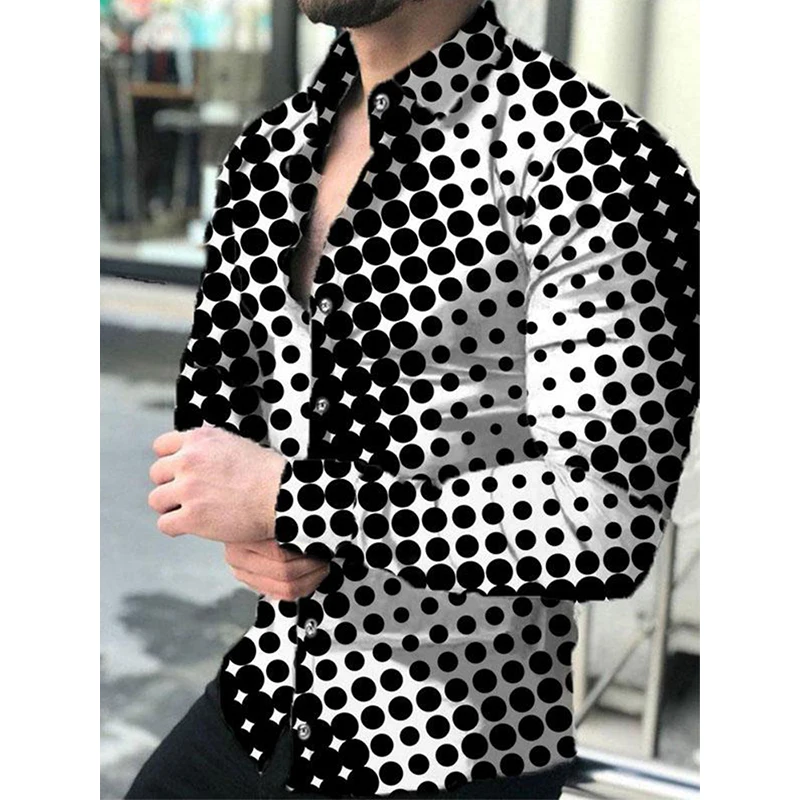

Autumn Fashion Luxury Social Men Shirts Turn-down Collar Buttoned Shirt Casual Dots Print Long Sleeve Tops Mens Clothes Cardigan