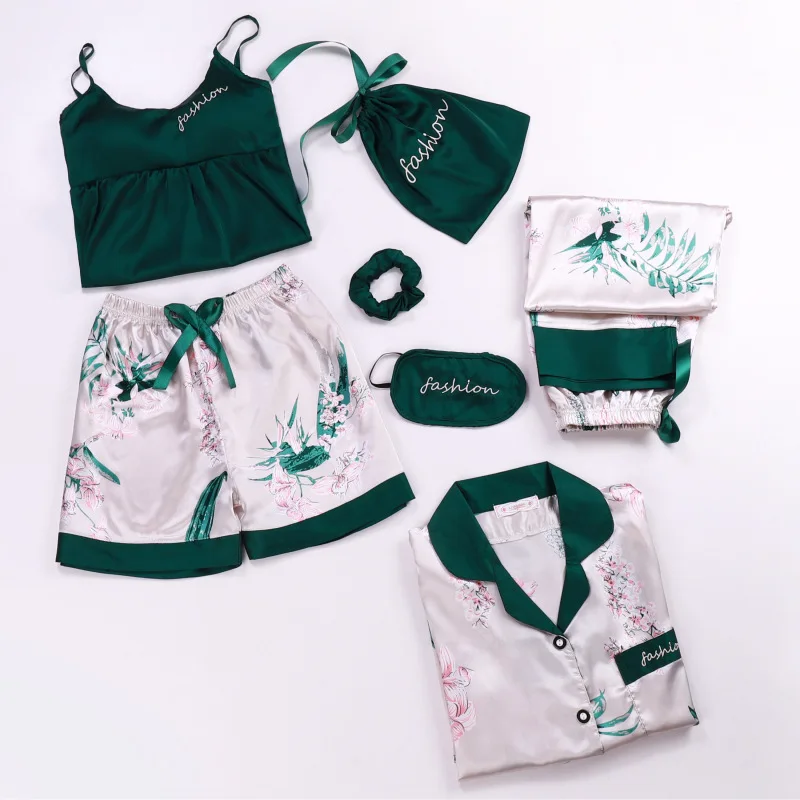 Spring Summer Female Flower Silk Satin Pyjamas Pajama Seven Pieces Set For Women Girls Sleepwear Set HomeWear Casual Sleep Cloth