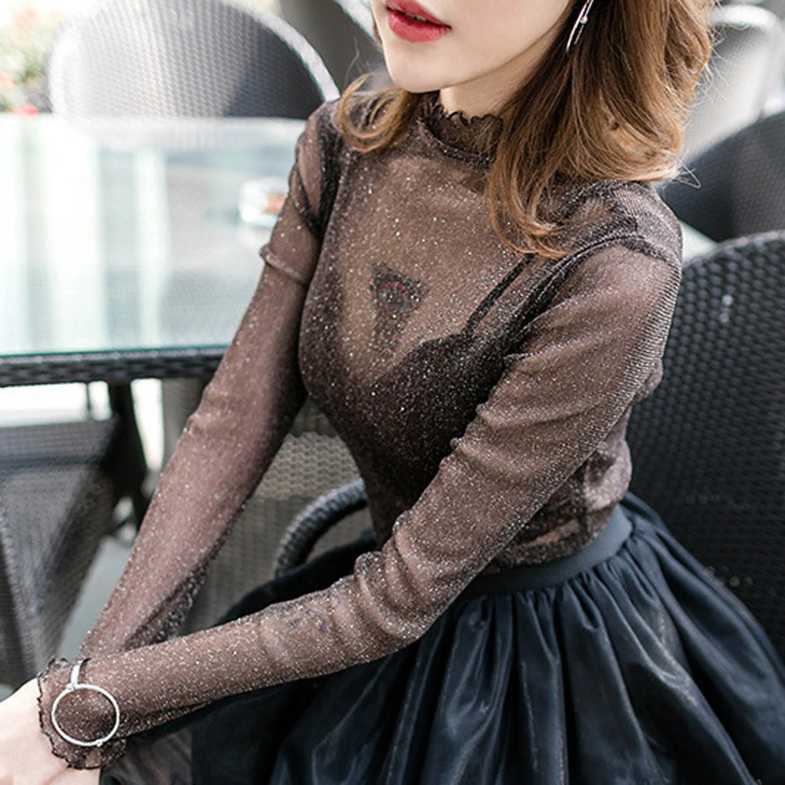 

Women Sheer Mesh T Shirts Long Sleeve Tops Thin Halter-Neck Bottoming Shirts Sexy See Through T-Shirts Female Clothing Autumn