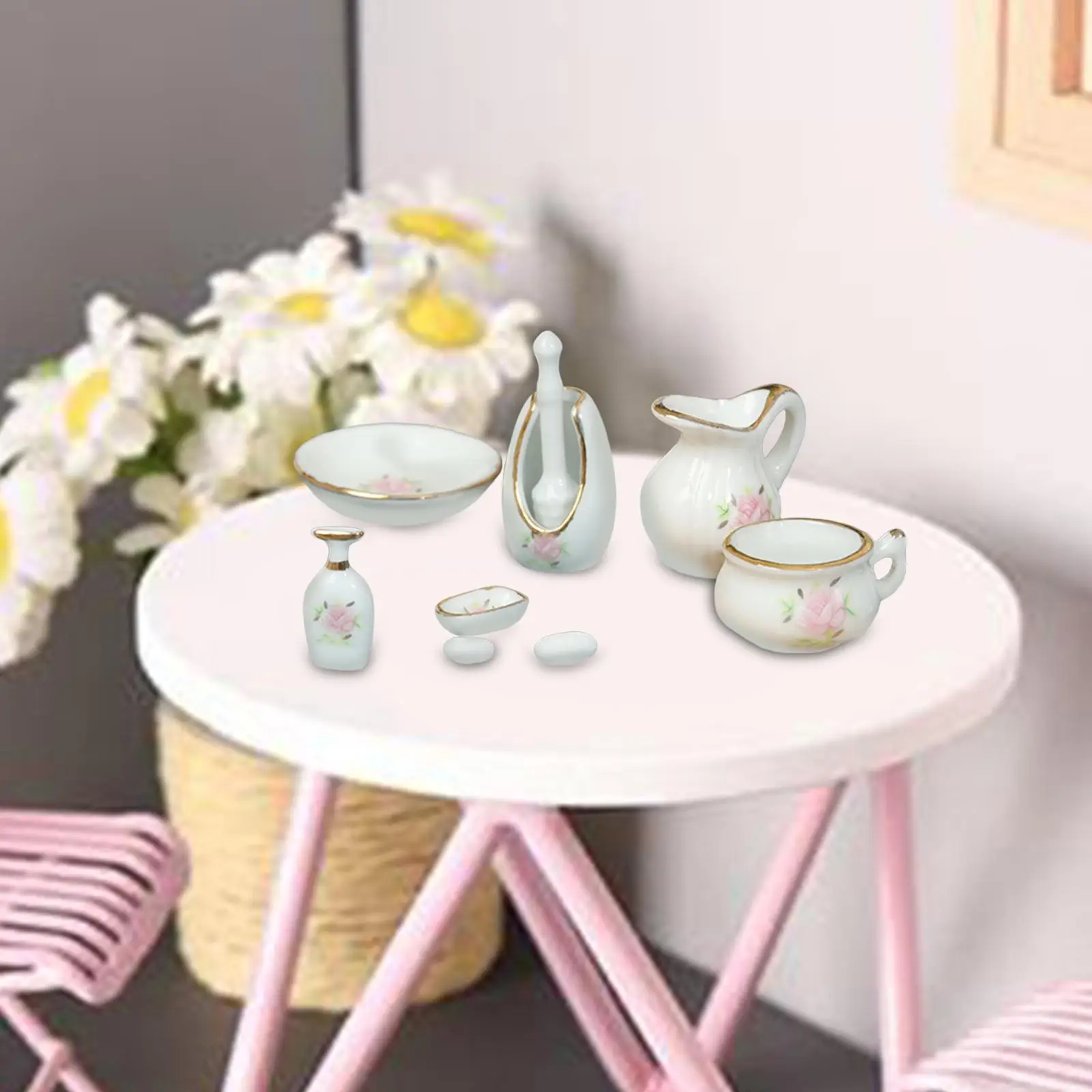 

1:12 Dollhouse Bathroom Set Model Mini Pots and Cup, Flower Vase, Soap, Soap Tray, Toilet Brush and Holder, and Storage Tray