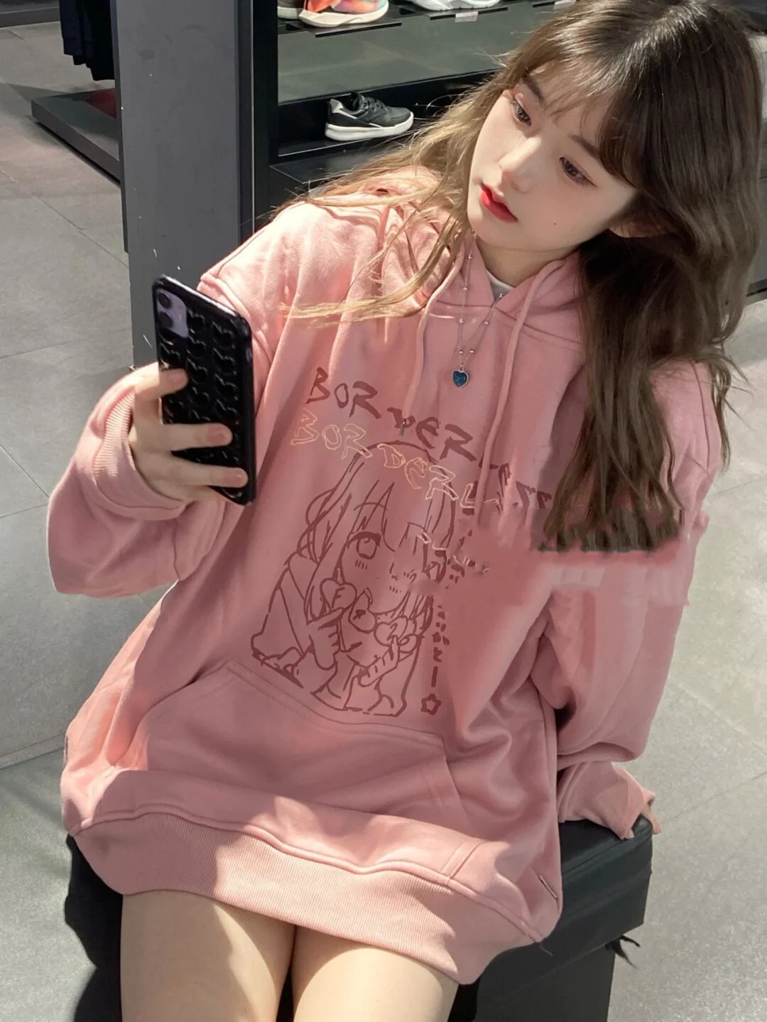 Женский свободный свитер с капюшоном розовая толстовка мультяшным принтом для