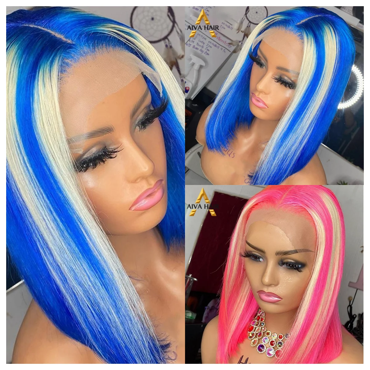 

Highlight Blue Honey Blonde 13X4 Lace Front Short Bob Ombre Pink Color Preplucked Pixie Cut Cosplay Synthetic Women's Wigs 180%