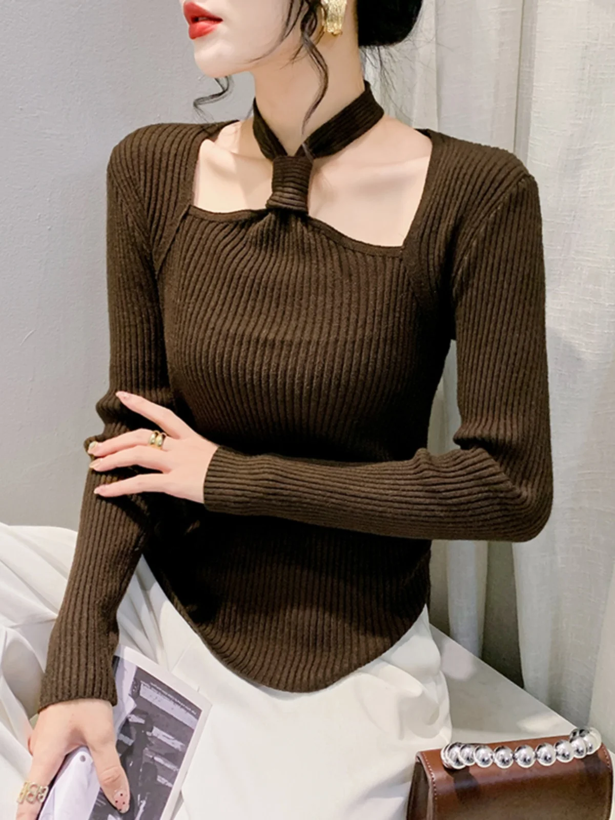 

Winter Sweater Pullover Women's New Halter Square Neck Knitwear Slim Fitting Long Sleeve Knitted Top Girl Fashion Jumper