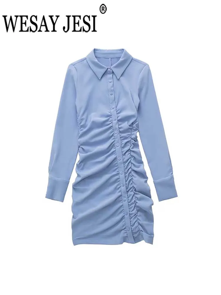 

WESAY JESI 2022 модное женское однотонное платье-рубашка с отложным воротником с длинным рукавом приталенный силуэт мини Повседневный однобортны...