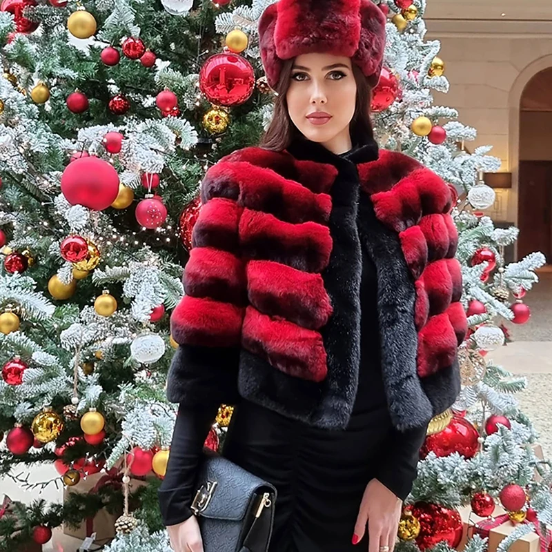 Natural Rex Rabbit Fur Jackets Women O-neck Fur Strip Sewed Toghter Short Tops Genuine Luxury Real Rex Rabbit Winter Coat Female