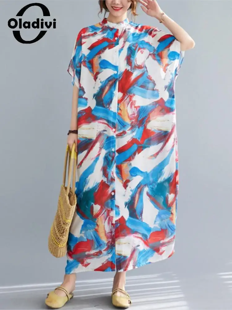 

Oladivi Одежда большого размера d летнее женское Модное Длинное Платье-рубашка с принтом винтажные Женские повседневные свободные платья боль...