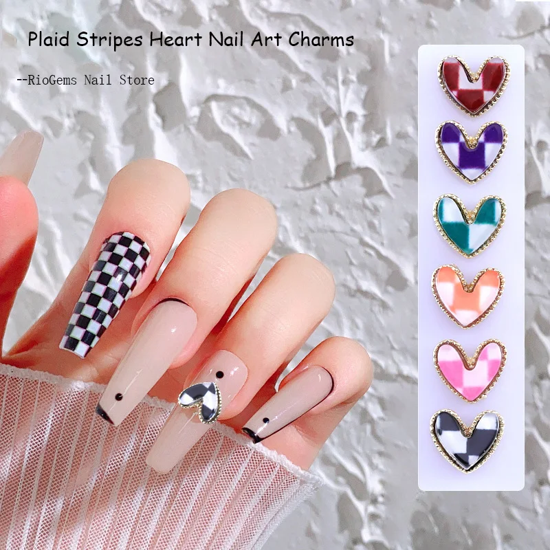 

10Pcs Plaid Stripes Heart Nail Art Charms Metal Edge Alloy Nails Accessories Love Rhinestone Gem Manicure Accessories 7.5*8.5MM