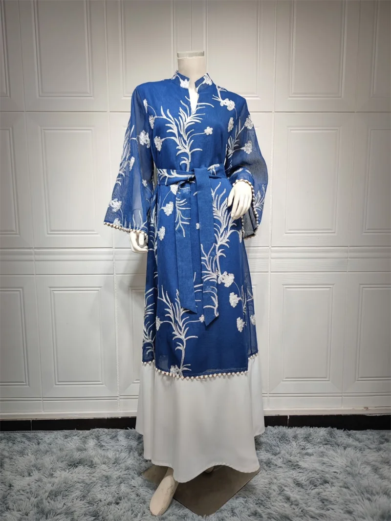 Dubai Long Woman Evening Dress Elegant Mesh Embroidery Belted Kaftan Panel Hem Robe Abayat 2022 Autumn Ladies Dresses