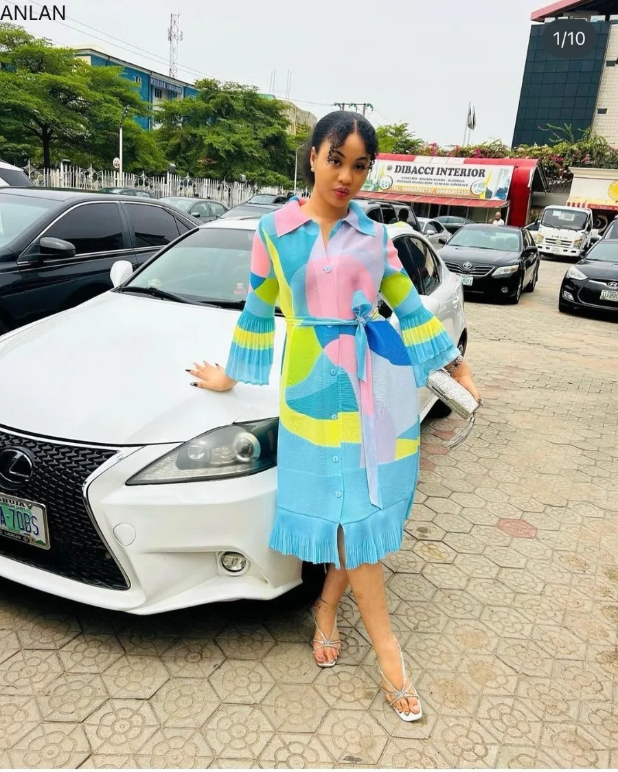 

Женское плиссированное платье ANLAN, однобортное свободное платье с отложным воротником и длинными рукавами, осень 2023