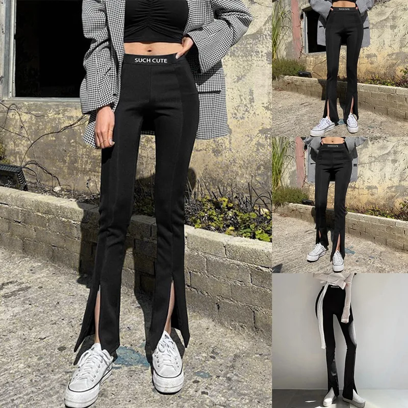 

Women's Fashion Zipper Split Legs Flared Casual Pants Black